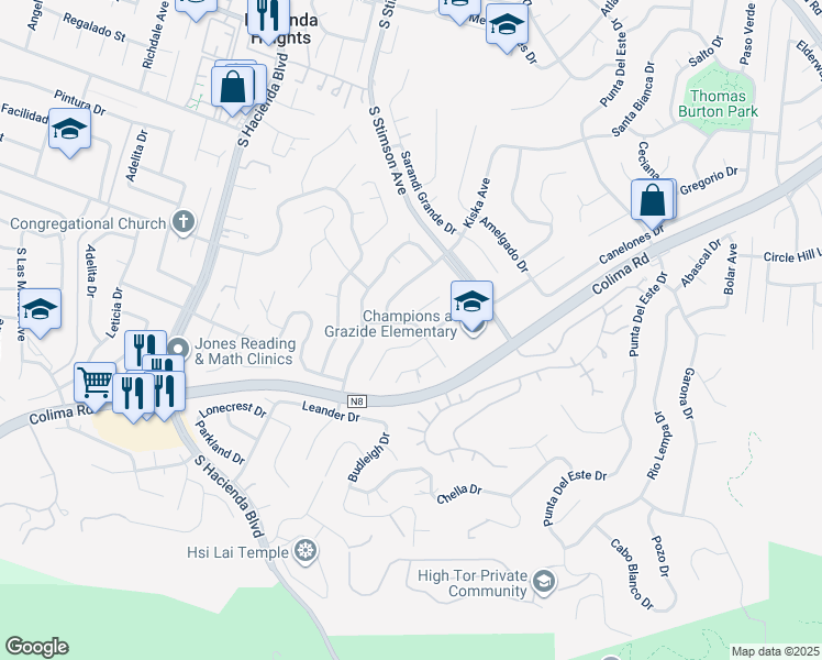map of restaurants, bars, coffee shops, grocery stores, and more near 16060 Villa Flores Drive in Hacienda Heights