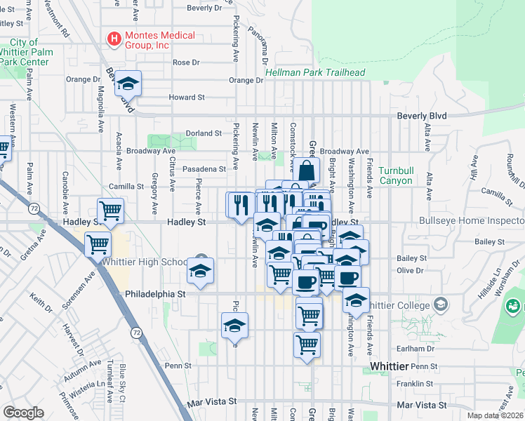 map of restaurants, bars, coffee shops, grocery stores, and more near 6340 Newlin Avenue in Whittier