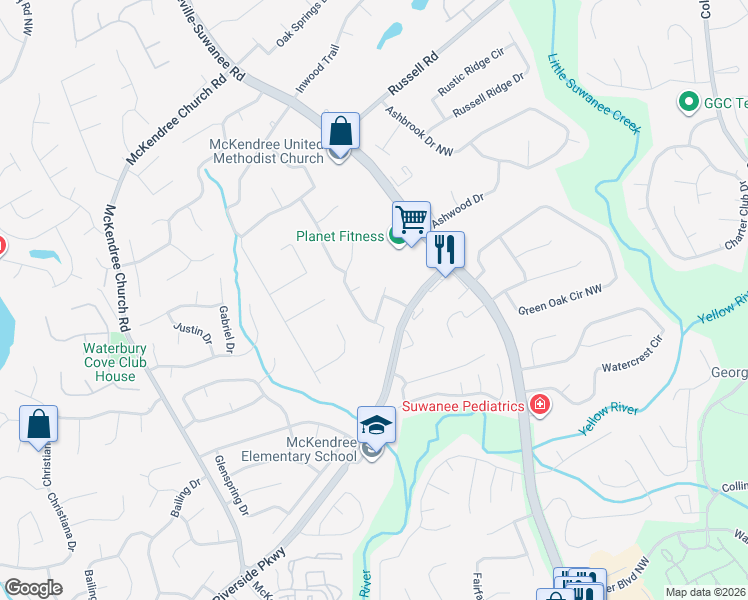 map of restaurants, bars, coffee shops, grocery stores, and more near 647 Overlook Wood Way Northwest in Lawrenceville