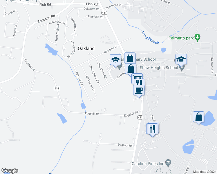 map of restaurants, bars, coffee shops, grocery stores, and more near 5450 Oakland Drive in Sumter