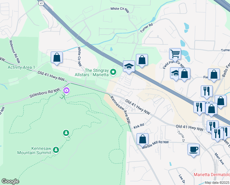 map of restaurants, bars, coffee shops, grocery stores, and more near 605 Stone Field Run in Marietta