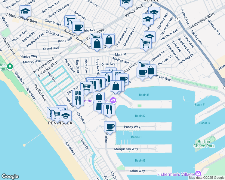 map of restaurants, bars, coffee shops, grocery stores, and more near 4170 Admiralty Way in Marina del Rey