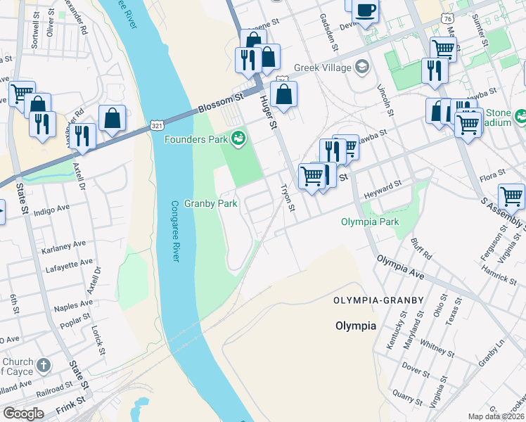 map of restaurants, bars, coffee shops, grocery stores, and more near 316 Whaley Street in Columbia