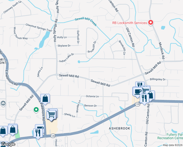 map of restaurants, bars, coffee shops, grocery stores, and more near 2720 Wooded Hills Drive in Marietta