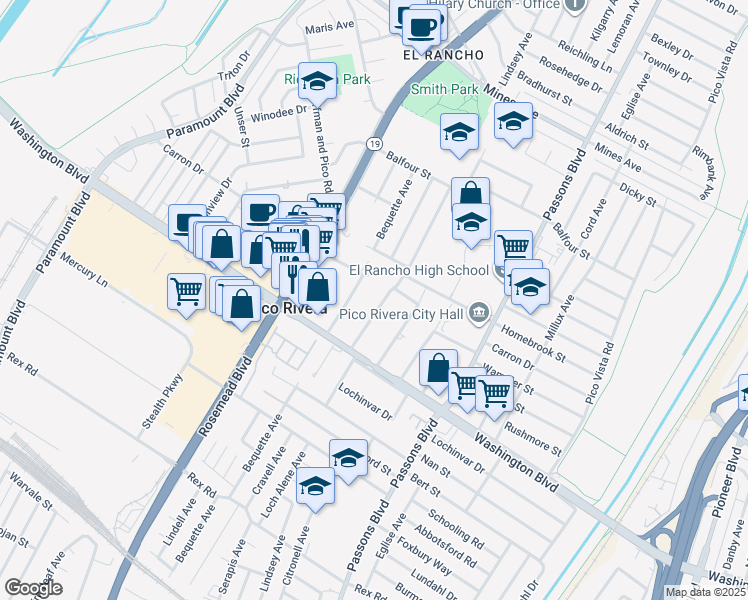 map of restaurants, bars, coffee shops, grocery stores, and more near 6610 Bequette Avenue in Pico Rivera