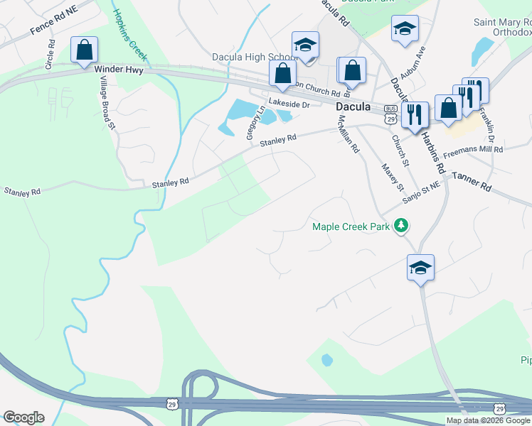 map of restaurants, bars, coffee shops, grocery stores, and more near 2229 Argento Circle in Dacula