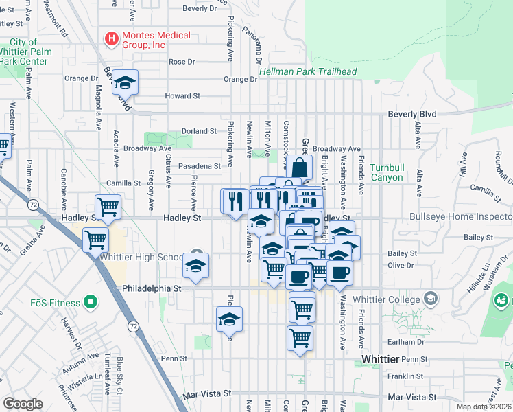 map of restaurants, bars, coffee shops, grocery stores, and more near 6340 Newlin Avenue in Whittier