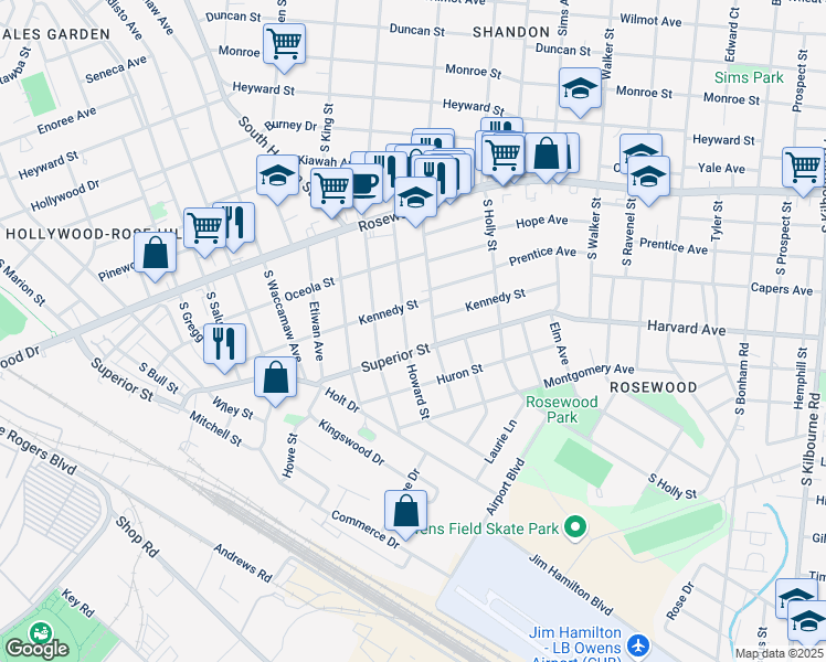 map of restaurants, bars, coffee shops, grocery stores, and more near 605 South Maple Street in Columbia