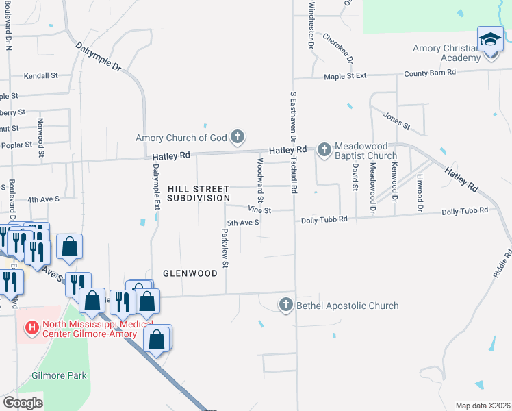 map of restaurants, bars, coffee shops, grocery stores, and more near 416-418 Woodward Street in Amory