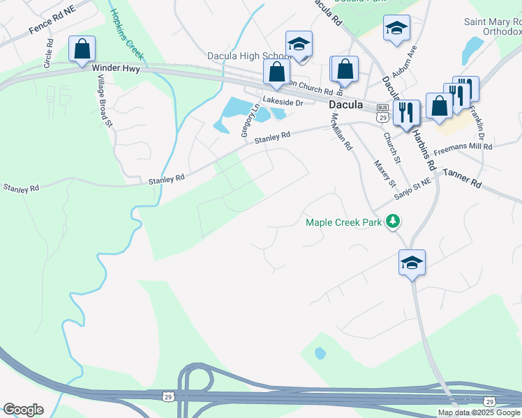 map of restaurants, bars, coffee shops, grocery stores, and more near 2280 Fortune Drive in Dacula