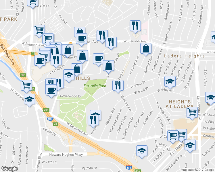 map of restaurants, bars, coffee shops, grocery stores, and more near 6150 Buckingham Parkway in Culver City