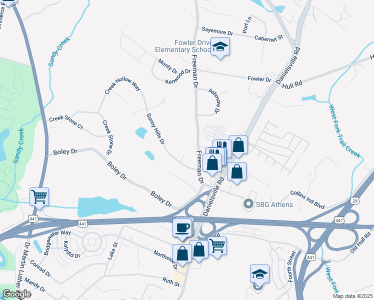 map of restaurants, bars, coffee shops, grocery stores, and more near 114 Sunny Hills Ct in Athens