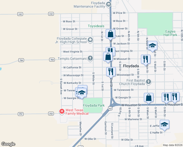 map of restaurants, bars, coffee shops, grocery stores, and more near 206 South White Street in Floydada