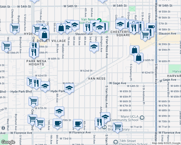 map of restaurants, bars, coffee shops, grocery stores, and more near 6206 3rd Avenue in Los Angeles