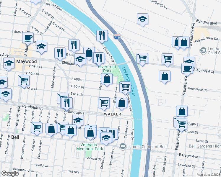map of restaurants, bars, coffee shops, grocery stores, and more near 5112 East 60th Street in Maywood