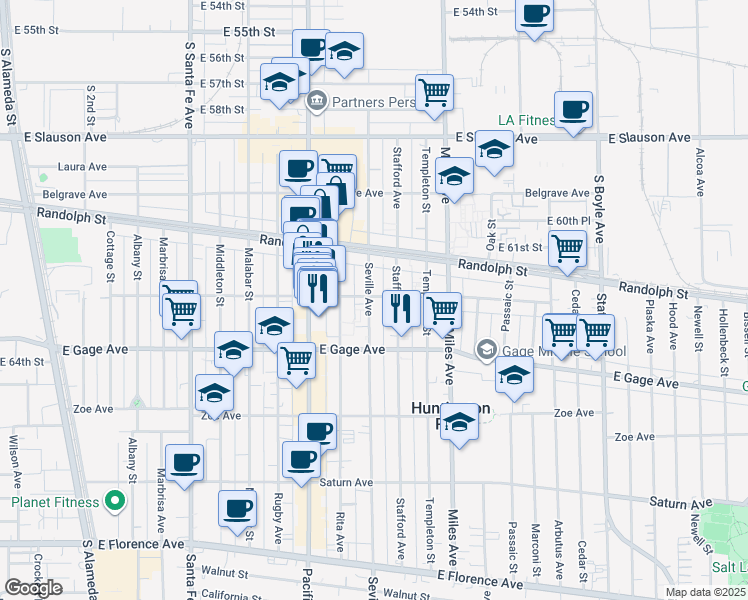 map of restaurants, bars, coffee shops, grocery stores, and more near 6208 Seville Avenue in Huntington Park