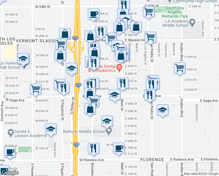map of restaurants, bars, coffee shops, grocery stores, and more near 208 West 61st Street in Los Angeles