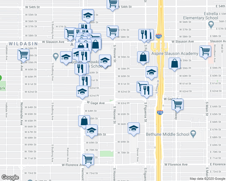 map of restaurants, bars, coffee shops, grocery stores, and more near 6209 South Hoover Street in Los Angeles