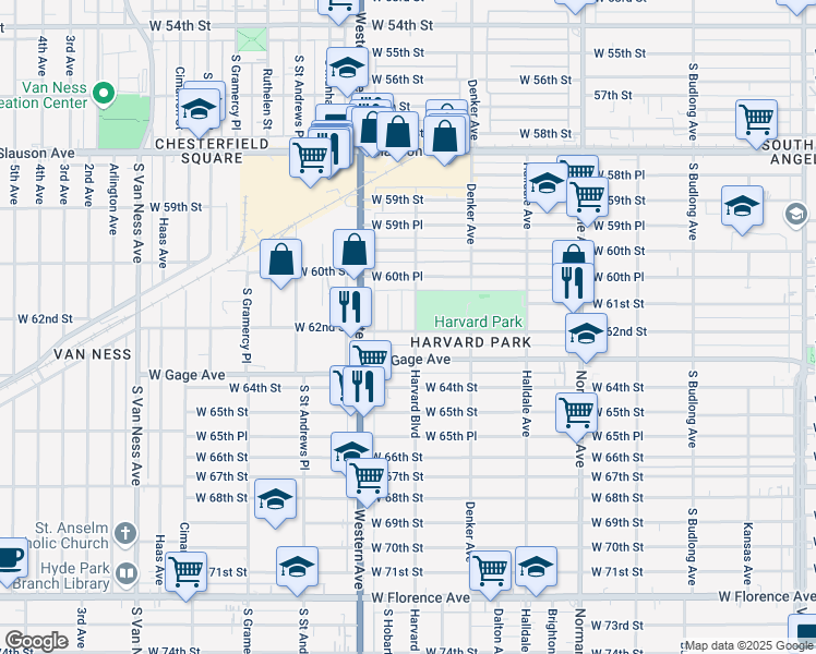 map of restaurants, bars, coffee shops, grocery stores, and more near 6127 Harvard Boulevard in Los Angeles