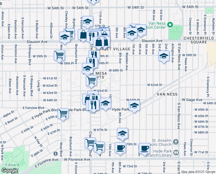 map of restaurants, bars, coffee shops, grocery stores, and more near 6122 11th Avenue in Los Angeles