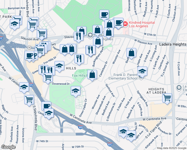 map of restaurants, bars, coffee shops, grocery stores, and more near 6141 Buckingham Parkway in Culver City