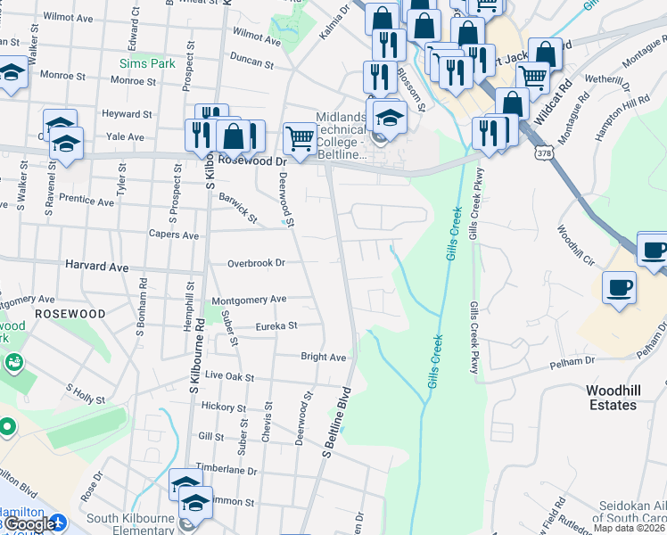 map of restaurants, bars, coffee shops, grocery stores, and more near 510 South Beltline Boulevard in Columbia