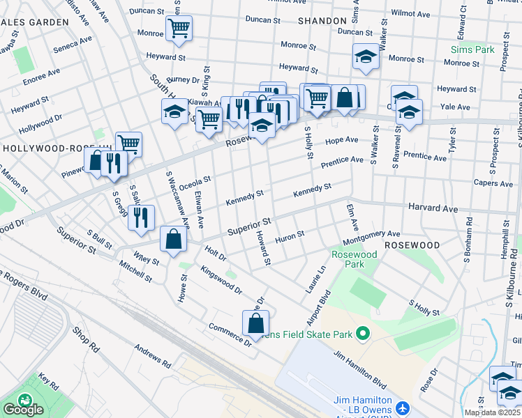 map of restaurants, bars, coffee shops, grocery stores, and more near 605 South Maple Street in Columbia