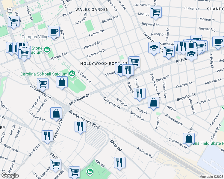 map of restaurants, bars, coffee shops, grocery stores, and more near 1501 Rosewood Drive in Columbia
