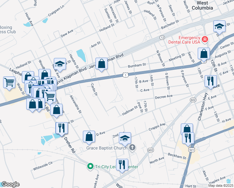map of restaurants, bars, coffee shops, grocery stores, and more near 1921 Augusta Road in West Columbia