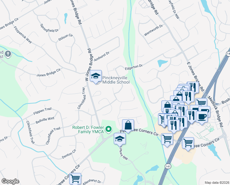 map of restaurants, bars, coffee shops, grocery stores, and more near 4177 Ancient Amber Way in Norcross