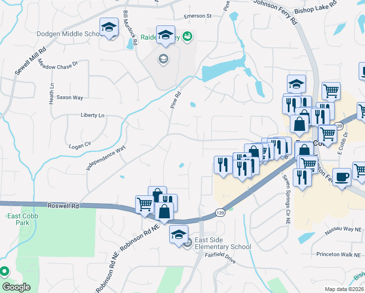 map of restaurants, bars, coffee shops, grocery stores, and more near 1312 Partridge Way in Marietta