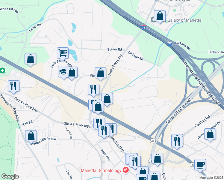 map of restaurants, bars, coffee shops, grocery stores, and more near Bluffton Way in Roswell