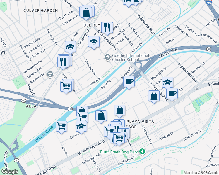map of restaurants, bars, coffee shops, grocery stores, and more near 12557 Sanford Street in Los Angeles