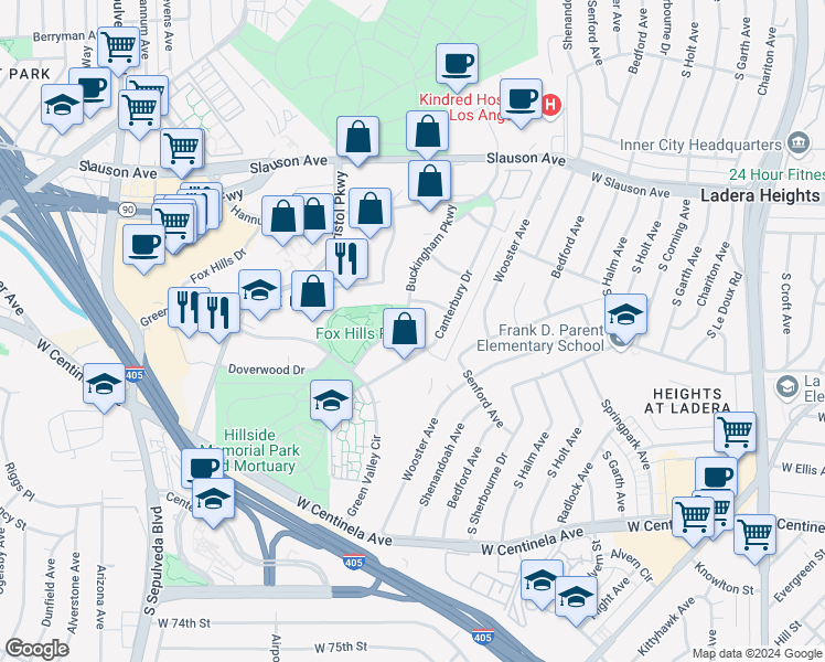 map of restaurants, bars, coffee shops, grocery stores, and more near 6150 Buckingham Parkway in Culver City