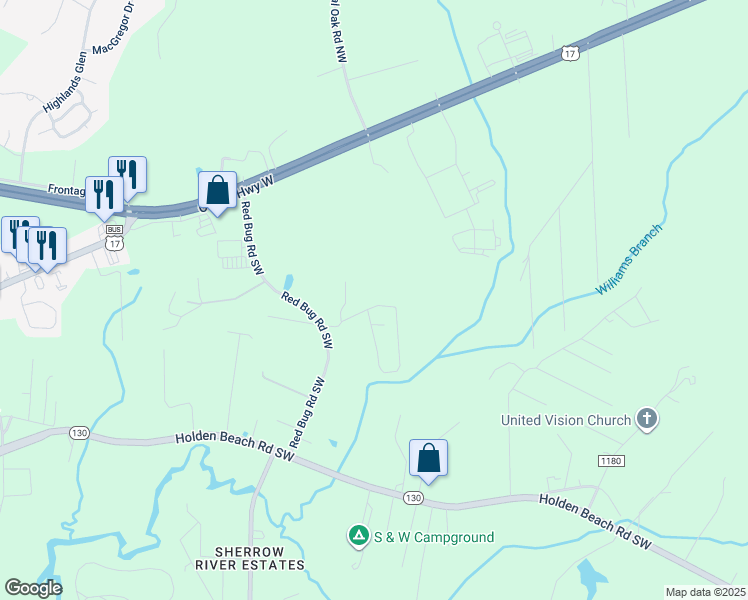 map of restaurants, bars, coffee shops, grocery stores, and more near 2616 Fieldview Way Southwest in Shallotte