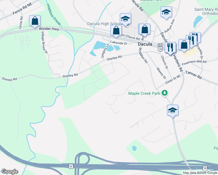 map of restaurants, bars, coffee shops, grocery stores, and more near 2229 Argento Circle in Dacula