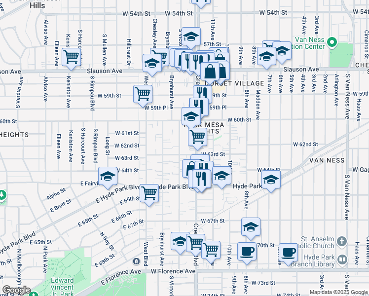 map of restaurants, bars, coffee shops, grocery stores, and more near 6122 South Victoria Avenue in Los Angeles