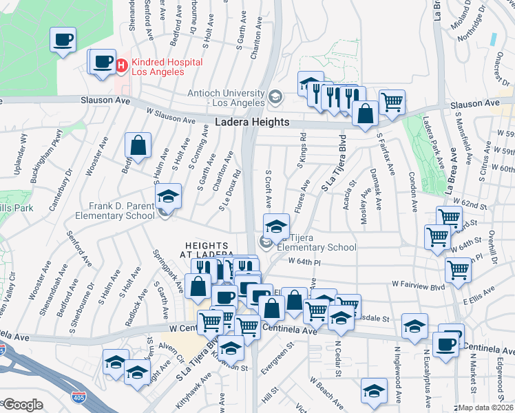 map of restaurants, bars, coffee shops, grocery stores, and more near 6104 South La Cienega Boulevard in Los Angeles