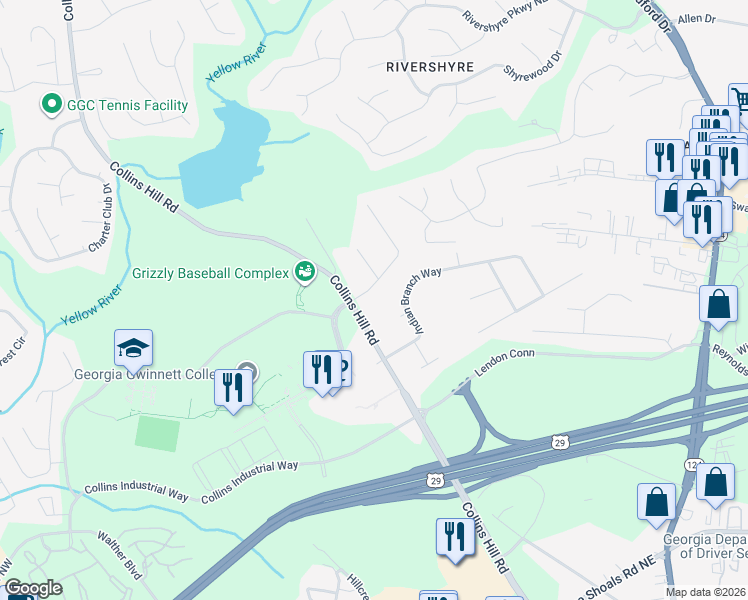 map of restaurants, bars, coffee shops, grocery stores, and more near 29 Melody Lane in Lawrenceville