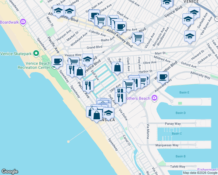 map of restaurants, bars, coffee shops, grocery stores, and more near 412 Howland Canal in Los Angeles