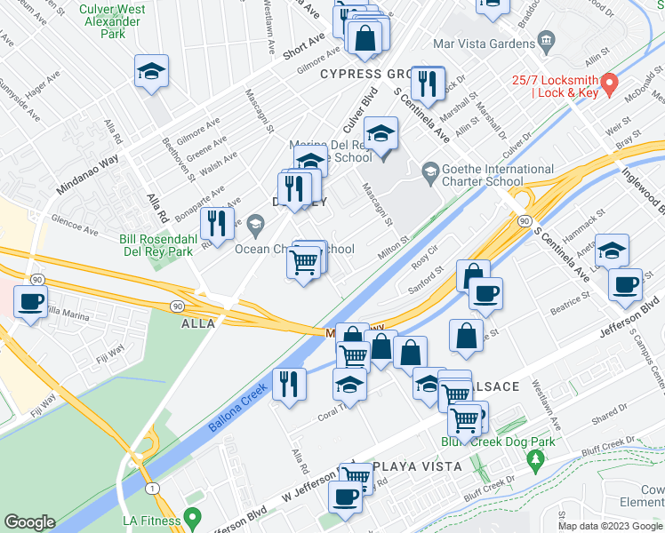 map of restaurants, bars, coffee shops, grocery stores, and more near 4885 Patrae Street in Los Angeles
