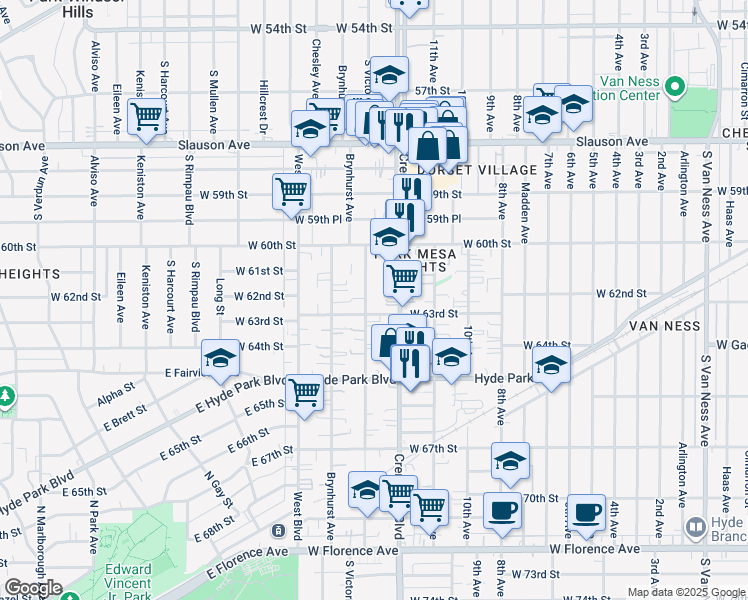 map of restaurants, bars, coffee shops, grocery stores, and more near 6208 South Victoria Avenue in Los Angeles