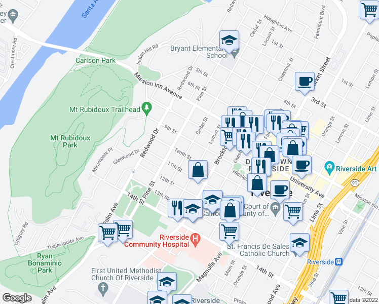 map of restaurants, bars, coffee shops, grocery stores, and more near 4295 Tenth Street in Riverside