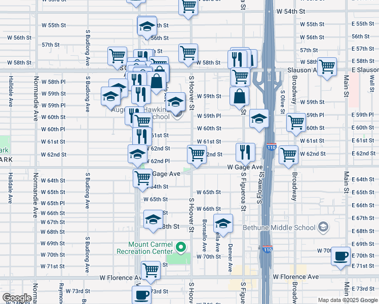 map of restaurants, bars, coffee shops, grocery stores, and more near 6209 South Hoover Street in Los Angeles
