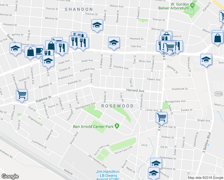map of restaurants, bars, coffee shops, grocery stores, and more near 601 Dogwood Street in Columbia