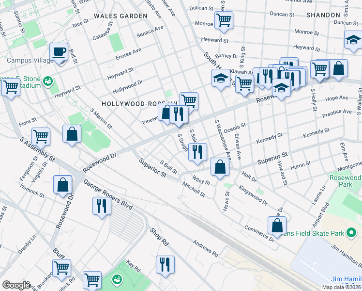 map of restaurants, bars, coffee shops, grocery stores, and more near 423 South Gregg Street in Columbia