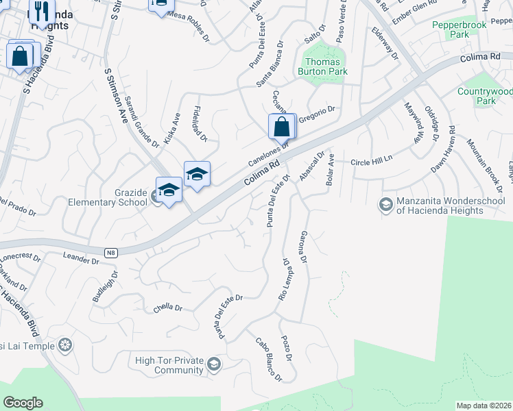 map of restaurants, bars, coffee shops, grocery stores, and more near 16311 Sierra Trail Court in La Puente