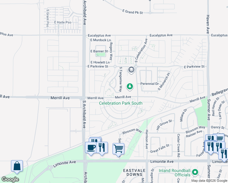 map of restaurants, bars, coffee shops, grocery stores, and more near 2838 East Clementine Drive in Ontario