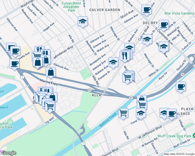 map of restaurants, bars, coffee shops, grocery stores, and more near 12961 Panama Street in Los Angeles