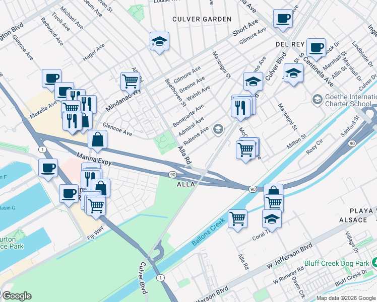 map of restaurants, bars, coffee shops, grocery stores, and more near 12961 Panama Street in Los Angeles